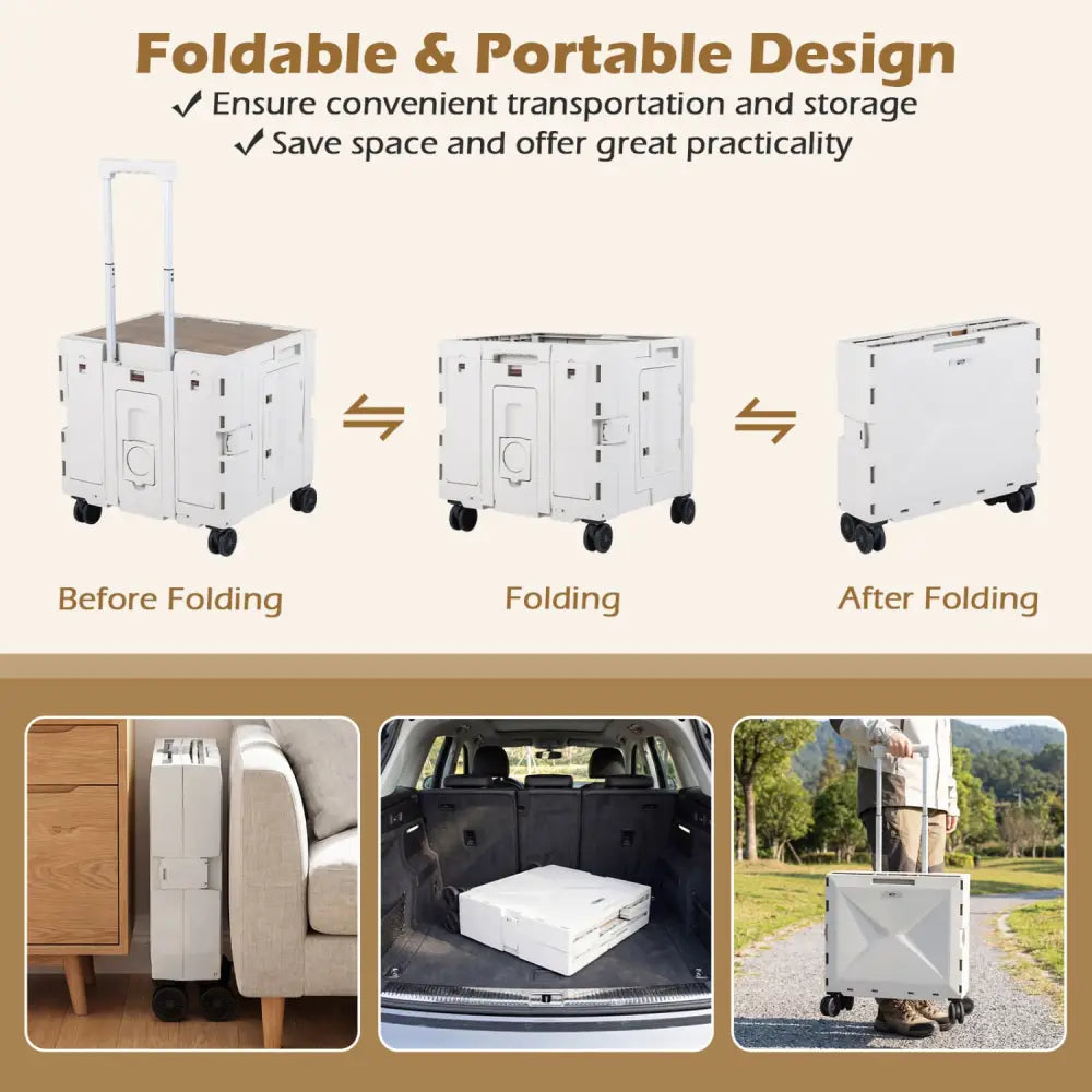 Foldable Utility Cart on 4 Rotate Wheels with Cup Holder-White - White - Camping Furniture