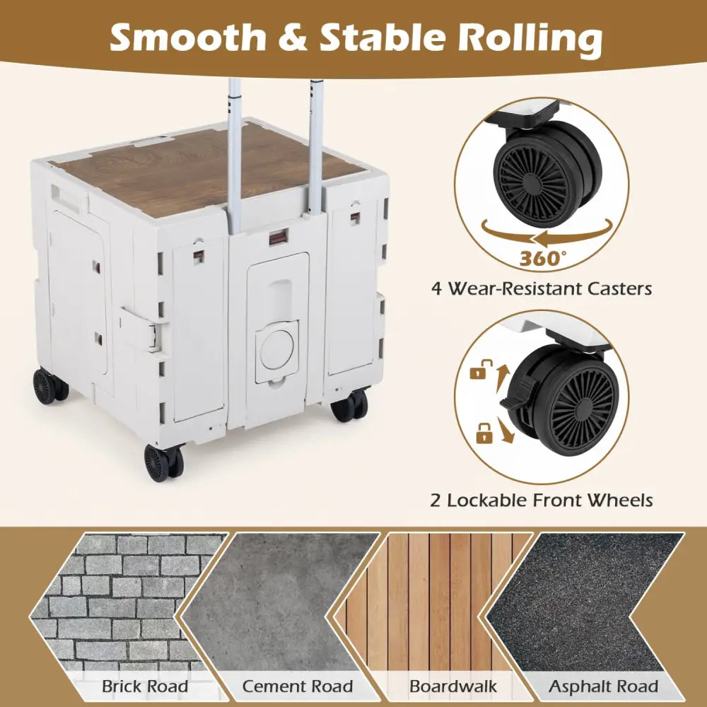 Foldable Utility Cart on 4 Rotate Wheels with Cup Holder-White - White - Camping Furniture