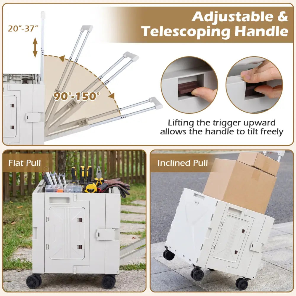 Foldable Utility Cart on 4 Rotate Wheels with Cup Holder-White - White - Camping Furniture