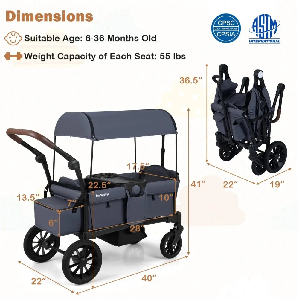 Foldable Wagon Stroller for 2 Kids Double Seater Toddler Stroller with Removable Canopy - Gray - Oasis Home Essentials