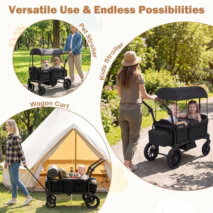 Foldable Wagon Stroller for 2 Kids Double Seater Toddler Stroller with Removable Canopy - Black - Oasis Home Essentials