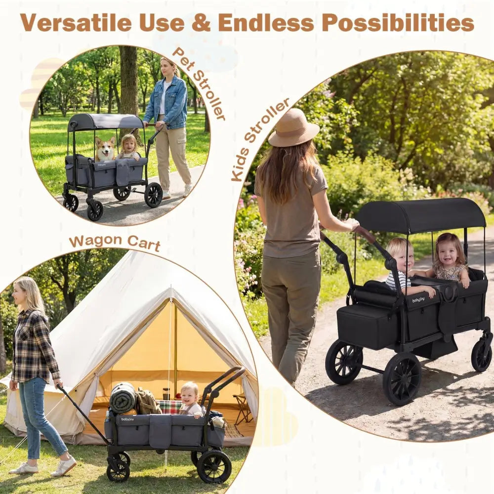 Foldable Wagon Stroller for 2 Kids Double Seater Toddler Stroller with Removable Canopy - Gray - Oasis Home Essentials