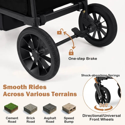 Foldable Wagon Stroller for 2 Kids Double Seater Toddler Stroller with Removable Canopy - Black - Oasis Home Essentials