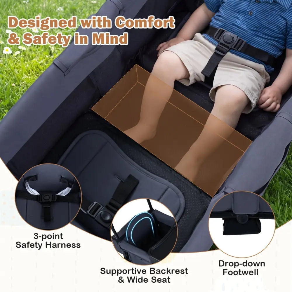 Foldable Wagon Stroller for 2 Kids Double Seater Toddler Stroller with Removable Canopy - Gray - Oasis Home Essentials