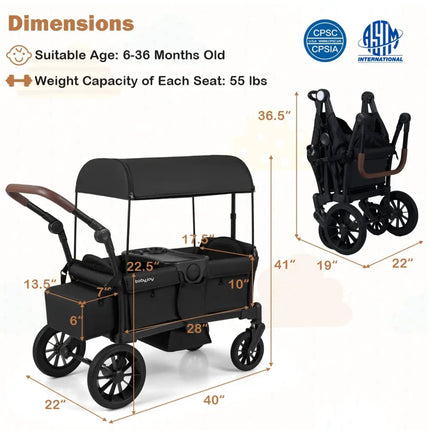 Foldable Wagon Stroller for 2 Kids Double Seater Toddler Stroller with Removable Canopy - Black - Oasis Home Essentials