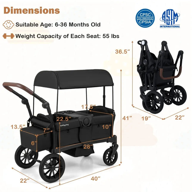 Foldable Wagon Stroller for 2 Kids Double Seater Toddler Stroller with Removable Canopy - Black - Oasis Home Essentials