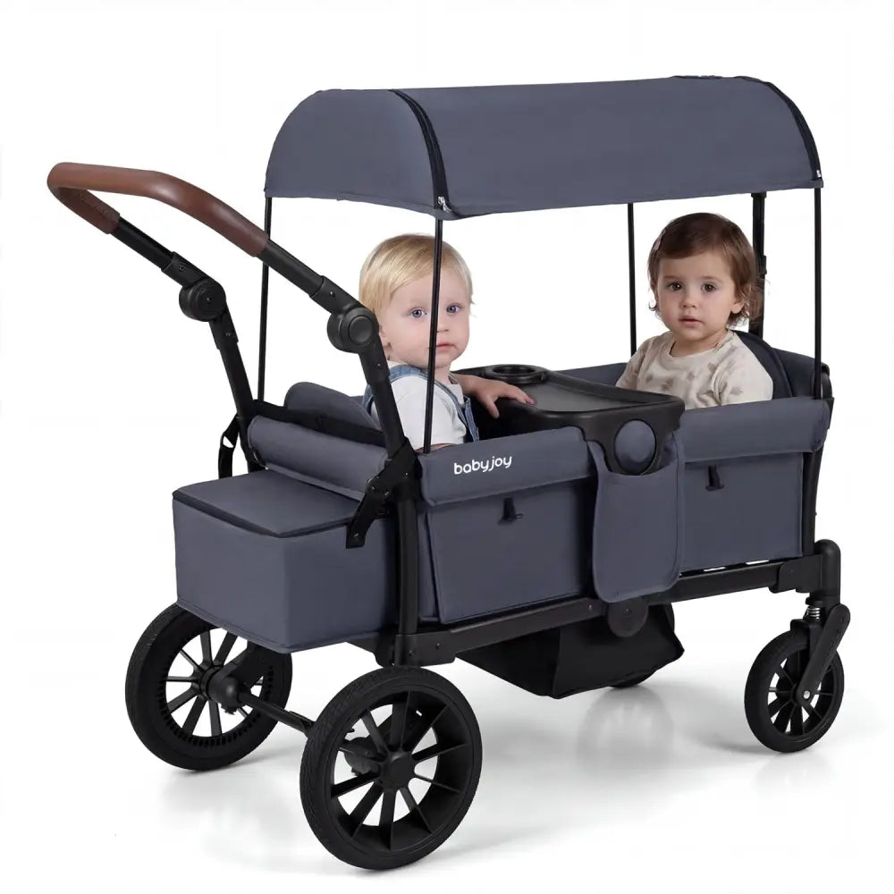 Foldable Wagon Stroller for 2 Kids Double Seater Toddler Stroller with Removable Canopy - Gray - Oasis Home Essentials