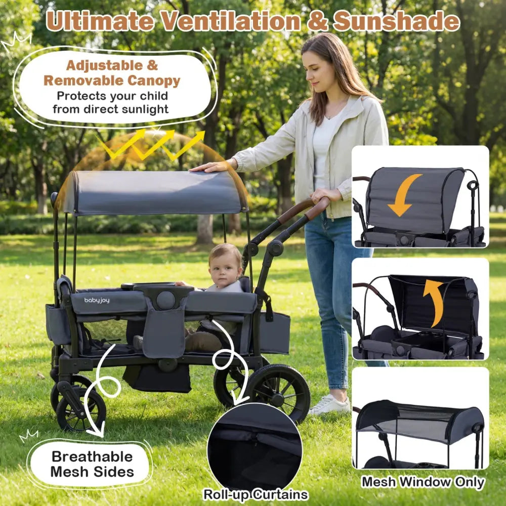 Foldable Wagon Stroller for 2 Kids Double Seater Toddler Stroller with Removable Canopy - Gray - Oasis Home Essentials