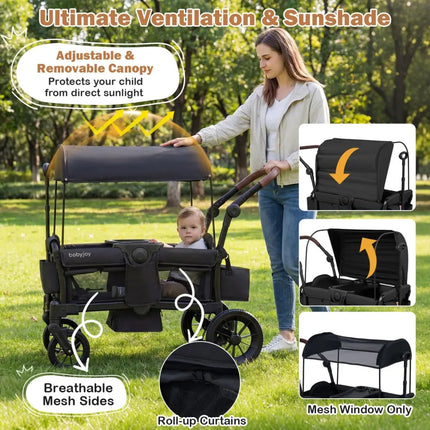 Foldable Wagon Stroller for 2 Kids Double Seater Toddler Stroller with Removable Canopy - Black - Oasis Home Essentials