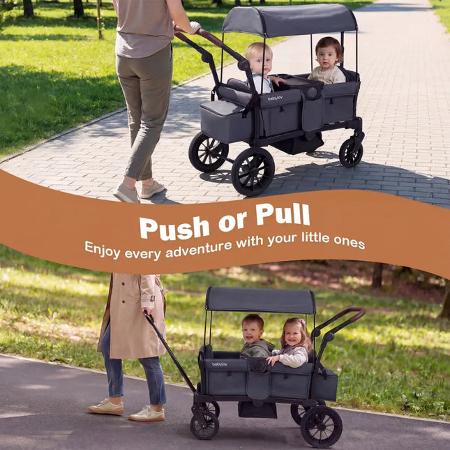 Foldable Wagon Stroller for 2 Kids Double Seater Toddler Stroller with Removable Canopy - Gray - Oasis Home Essentials