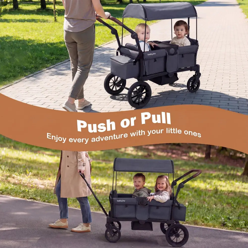 Foldable Wagon Stroller for 2 Kids Double Seater Toddler Stroller with Removable Canopy - Gray - Oasis Home Essentials