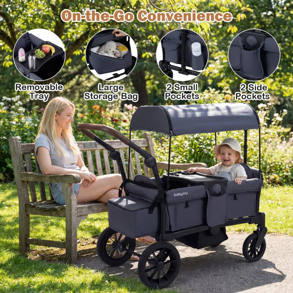 Foldable Wagon Stroller for 2 Kids Double Seater Toddler Stroller with Removable Canopy - Gray - Oasis Home Essentials
