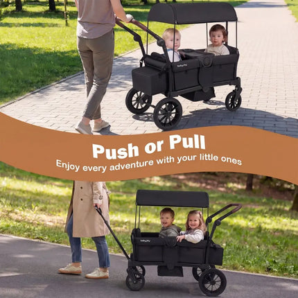 Foldable Wagon Stroller for 2 Kids Double Seater Toddler Stroller with Removable Canopy - Black - Oasis Home Essentials