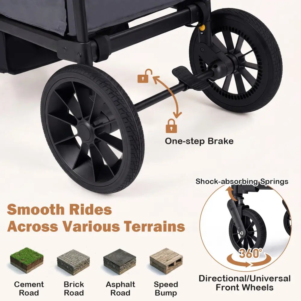 Foldable Wagon Stroller for 2 Kids Double Seater Toddler Stroller with Removable Canopy - Gray - Oasis Home Essentials