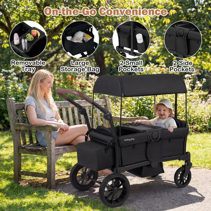 Foldable Wagon Stroller for 2 Kids Double Seater Toddler Stroller with Removable Canopy - Black - Oasis Home Essentials