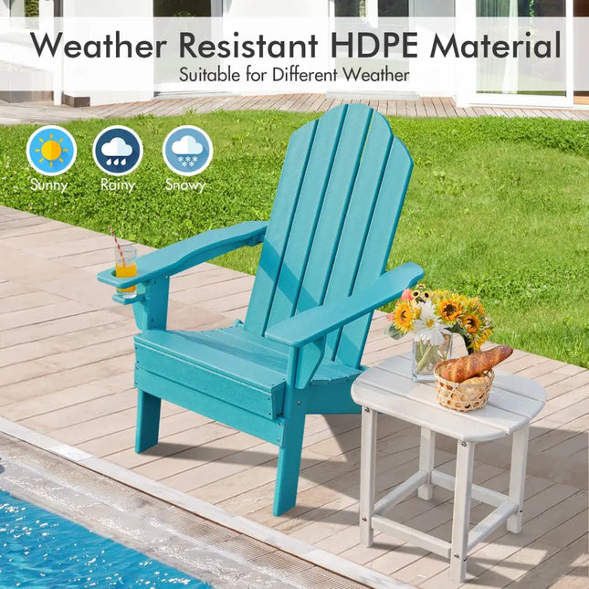 Foldable Weather Resistant Patio Chair with Built-in Cup Holder-Turquoise - Turquoise - Adirondack Chairs