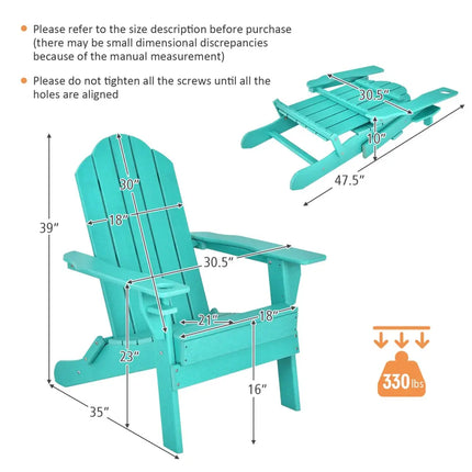 Foldable Weather Resistant Patio Chair with Built-in Cup Holder-Turquoise - Turquoise - Adirondack Chairs