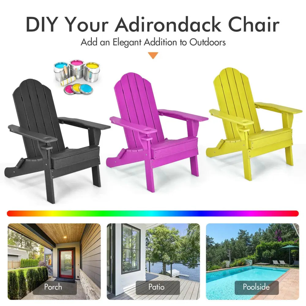 Foldable Weather Resistant Patio Chair with Built-in Cup Holder-Black - Black - Adirondack Chairs