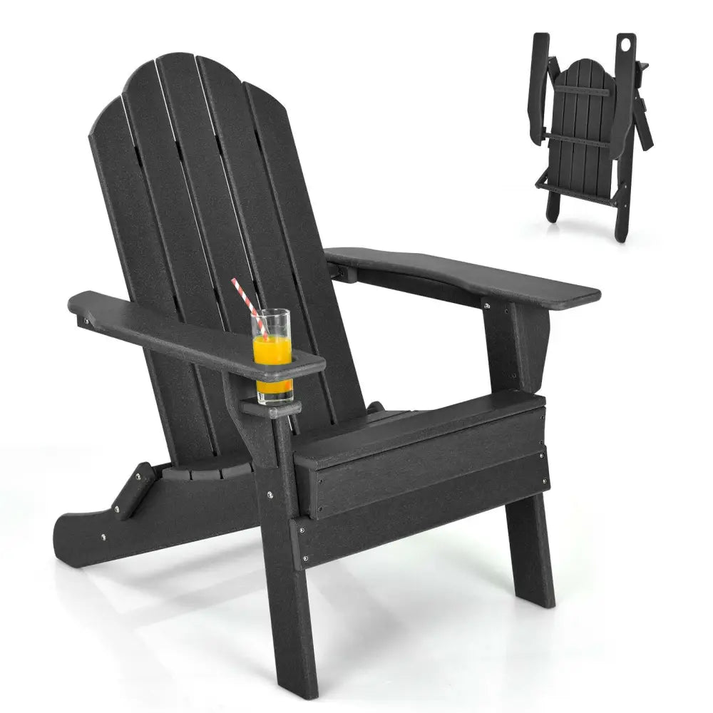 Foldable Weather Resistant Patio Chair with Built-in Cup Holder-Black - Black - Adirondack Chairs