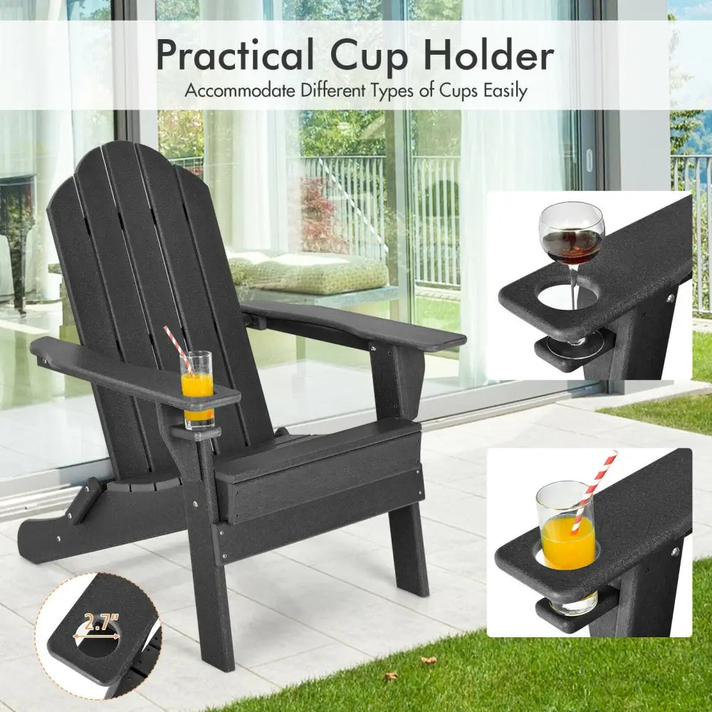 Foldable Weather Resistant Patio Chair with Built-in Cup Holder-Black - Black - Adirondack Chairs