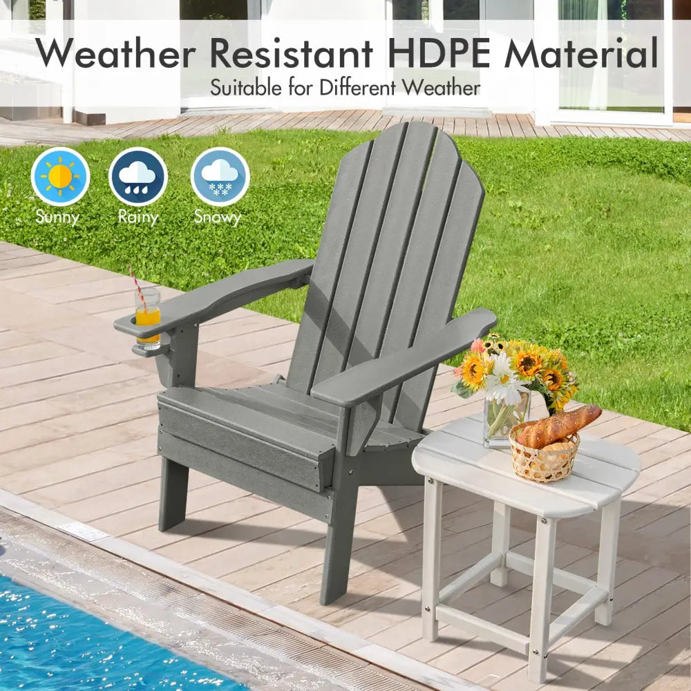 Foldable Weather Resistant Patio Chair with Built-in Cup Holder-Gray - Gray - Adirondack Chairs