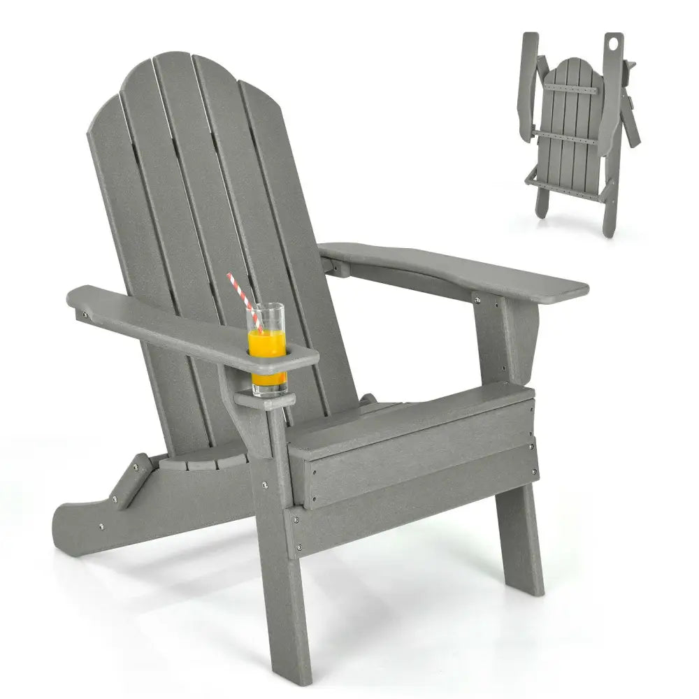 Foldable Weather Resistant Patio Chair with Built-in Cup Holder-Gray - Gray - Adirondack Chairs