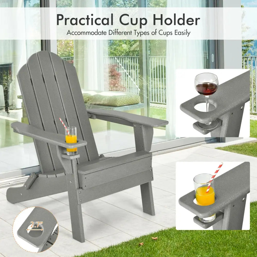 Foldable Weather Resistant Patio Chair with Built-in Cup Holder-Gray - Gray - Adirondack Chairs