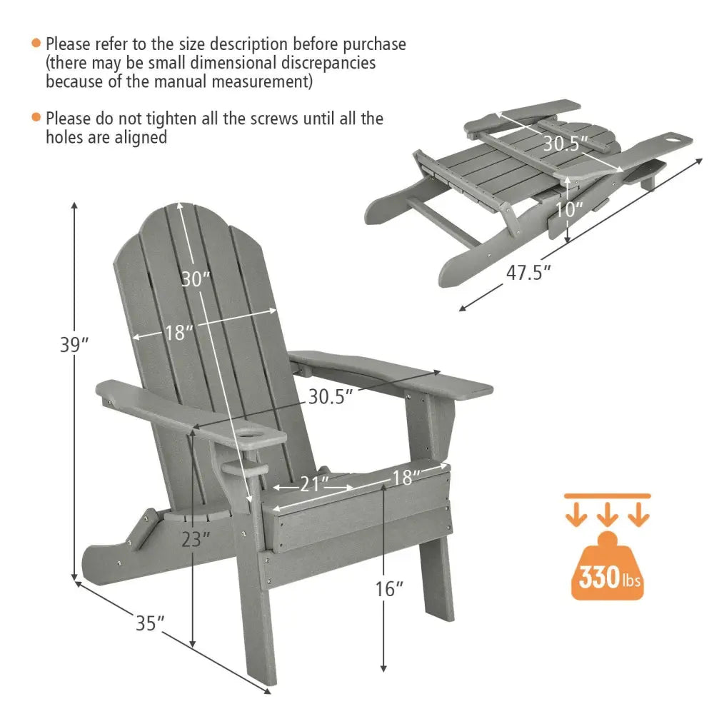Foldable Weather Resistant Patio Chair with Built-in Cup Holder-Gray - Gray - Adirondack Chairs