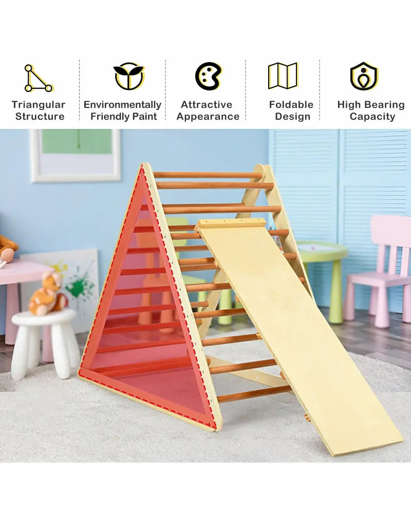 Foldable Wooden Climbing Triangle Indoor with Ladder for Toddler Baby-Natural - Natural - Climbers & Slides