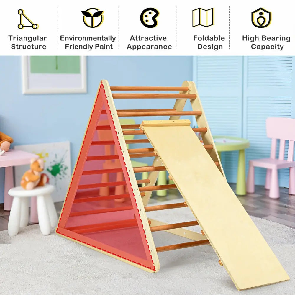 Foldable Wooden Climbing Triangle Indoor with Ladder for Toddler Baby-Natural - Natural - Climbers & Slides