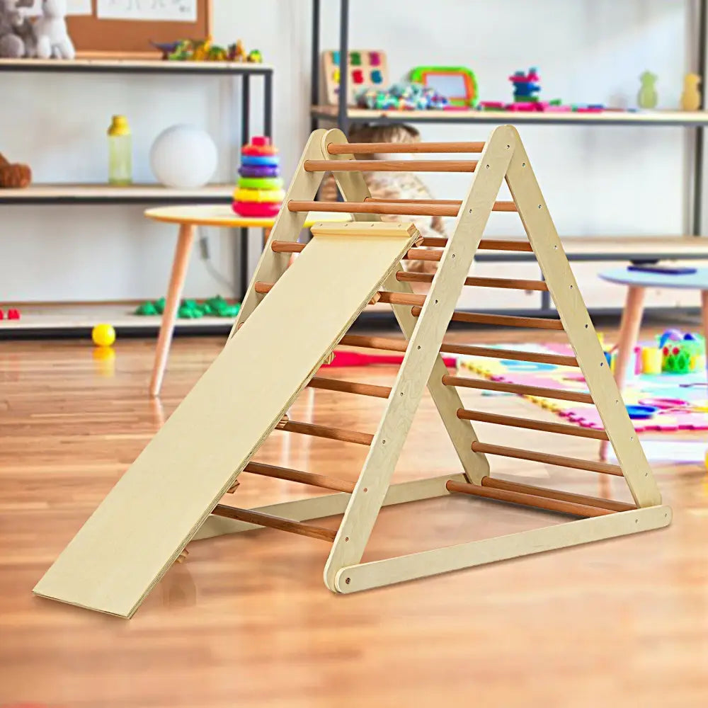 Foldable Wooden Climbing Triangle Indoor with Ladder for Toddler Baby-Natural - Natural - Climbers & Slides