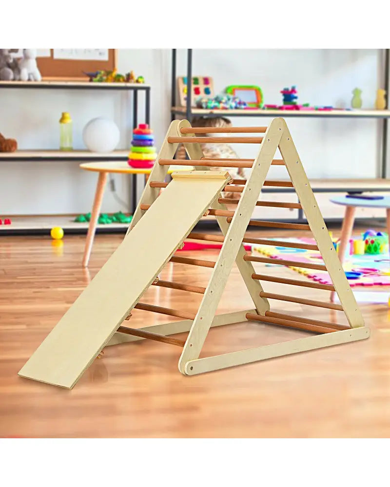 Foldable Wooden Climbing Triangle Indoor with Ladder for Toddler Baby-Natural - Natural - Climbers & Slides