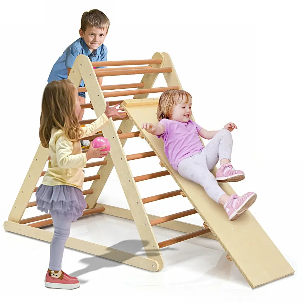 Foldable Wooden Climbing Triangle Indoor with Ladder for Toddler Baby-Natural - Natural - Climbers & Slides