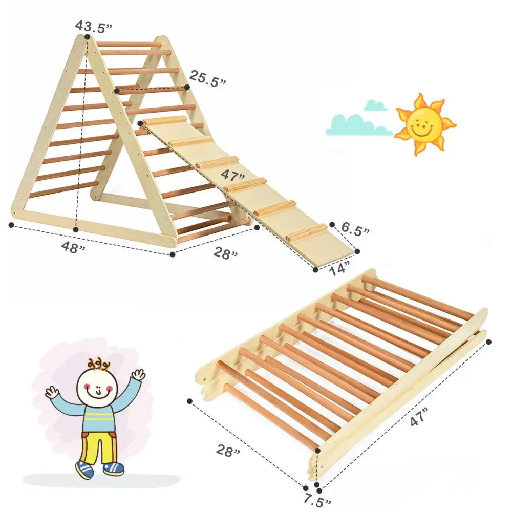 Foldable Wooden Climbing Triangle Indoor with Ladder for Toddler Baby-Natural - Natural - Climbers & Slides