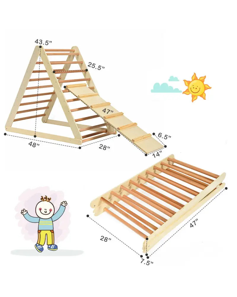 Foldable Wooden Climbing Triangle Indoor with Ladder for Toddler Baby-Natural - Natural - Climbers & Slides