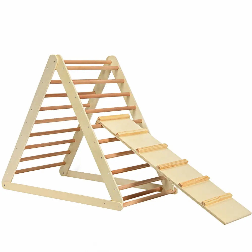 Foldable Wooden Climbing Triangle Indoor with Ladder for Toddler Baby-Natural - Natural - Climbers & Slides