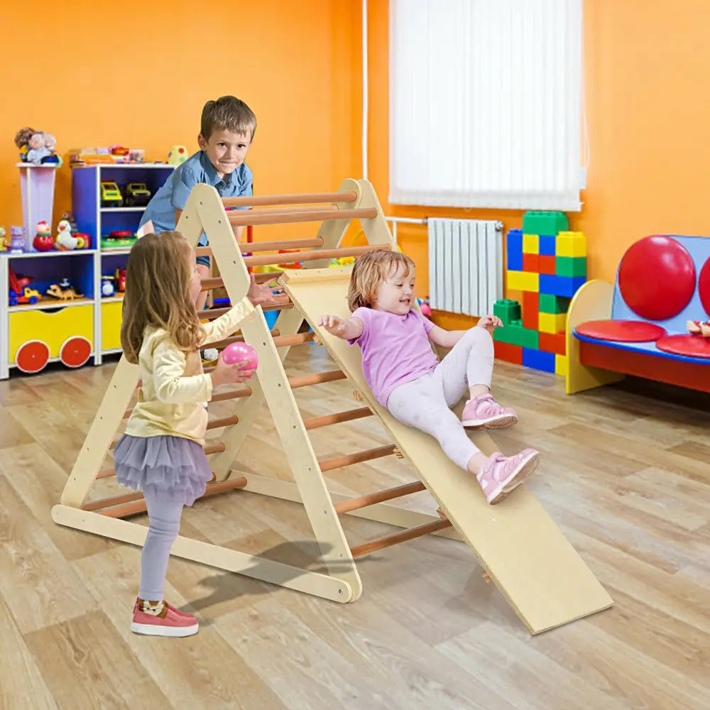 Foldable Wooden Climbing Triangle Indoor with Ladder for Toddler Baby-Natural - Natural - Climbers & Slides
