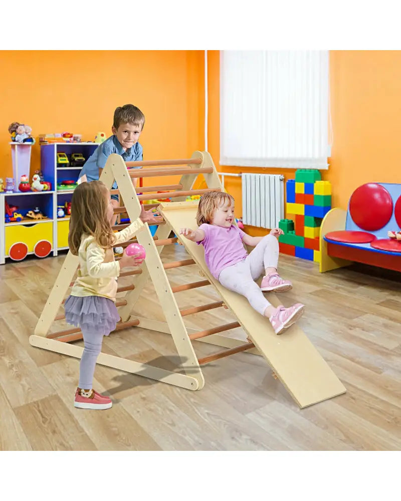 Foldable Wooden Climbing Triangle Indoor with Ladder for Toddler Baby-Natural - Natural - Climbers & Slides