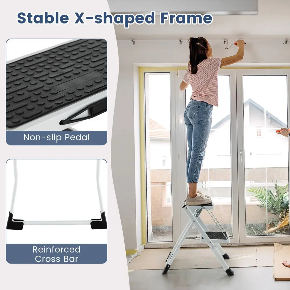 Folding 2 Step Ladder wiht Anti-Slip Pedal and Large Foot Pads-Black & White - Black & White - Ladders