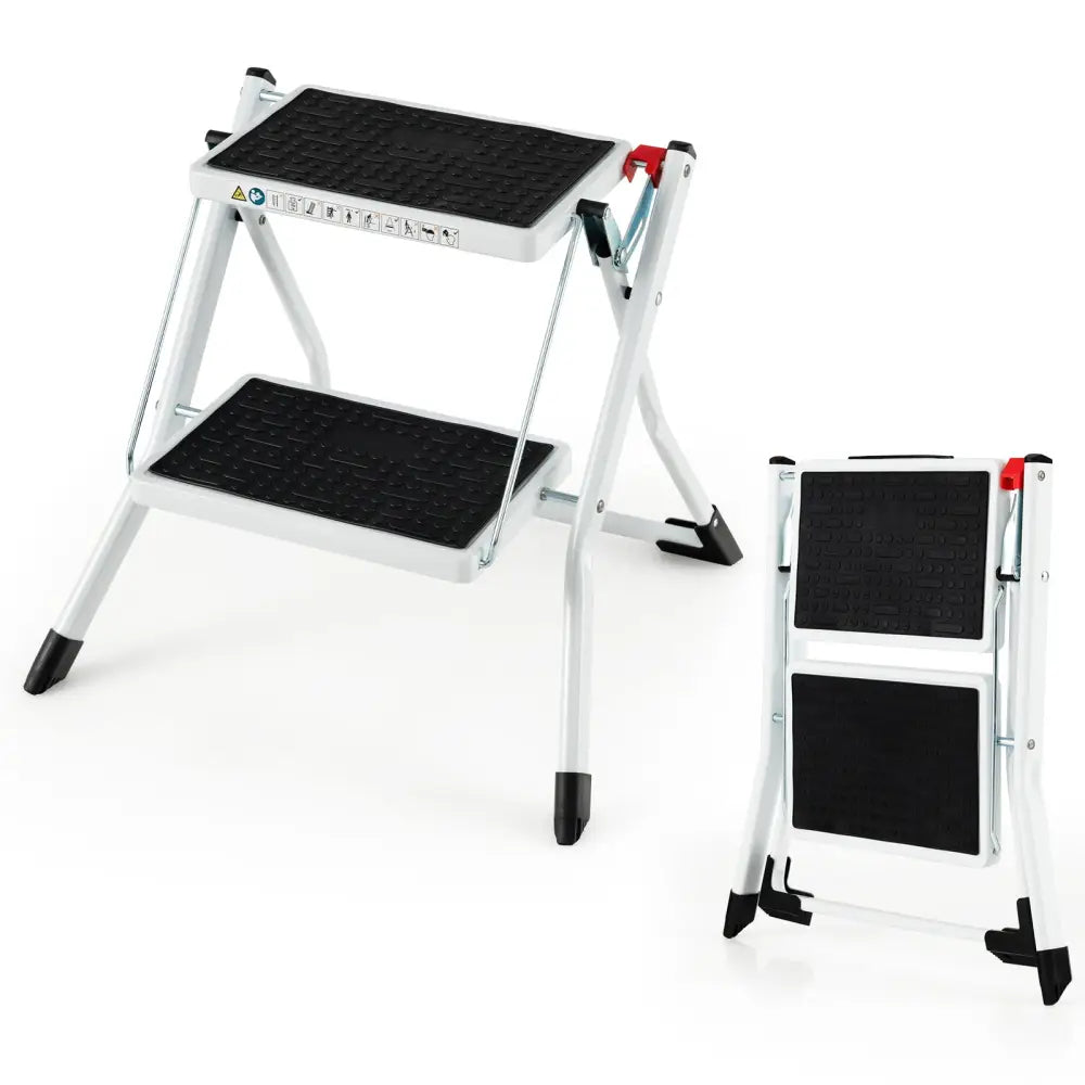 Folding 2 Step Ladder wiht Anti-Slip Pedal and Large Foot Pads-Black & White - Black & White - Ladders