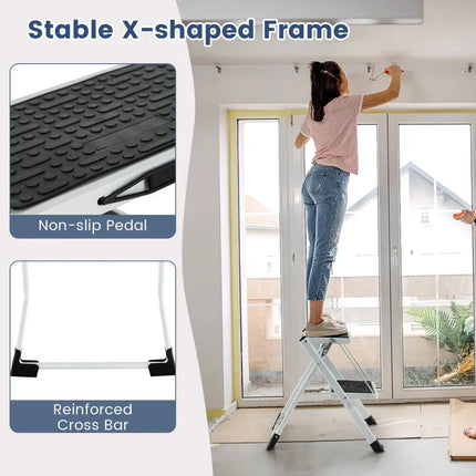 Folding 2 Step Ladder wiht Anti-Slip Pedal and Large Foot Pads-Black & White - Black & White - Ladders