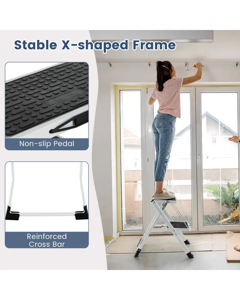 Folding 2 Step Ladder wiht Anti-Slip Pedal and Large Foot Pads-Black & White - Black & White - Ladders