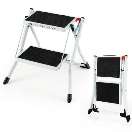 Folding 2 Step Ladder wiht Anti-Slip Pedal and Large Foot Pads-Black & White - Black & White - Ladders