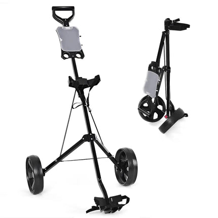 Folding 2 Wheels Push Pull Golf Cart Trolley with Scoreboard - Black - Golf