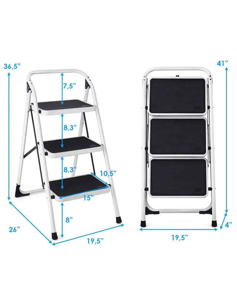 Folding 3-Step Ladder with Handgrip and Anti-Slip Platform - White - Ladders
