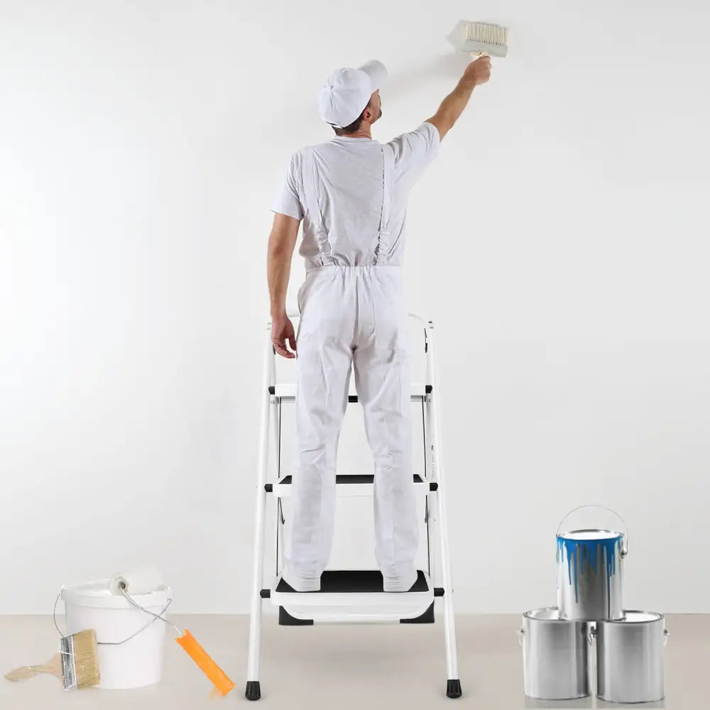 Folding 3-Step Ladder with Handgrip and Anti-Slip Platform - White - Ladders