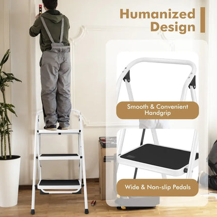 Folding 3-Step Ladder with Handgrip and Anti-Slip Platform - White - Ladders