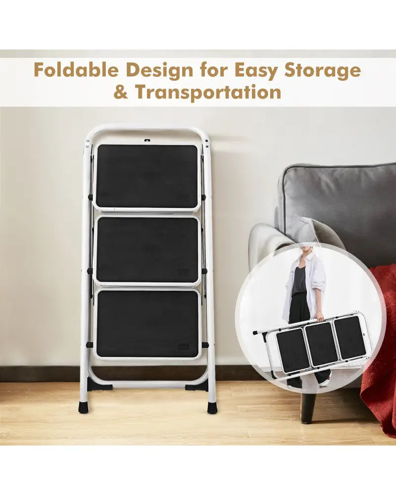 Folding 3-Step Ladder with Handgrip and Anti-Slip Platform - White - Ladders