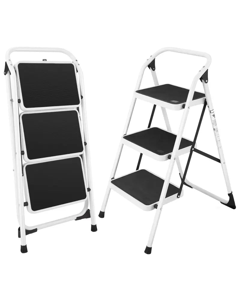 Folding 3-Step Ladder with Handgrip and Anti-Slip Platform - White - Ladders
