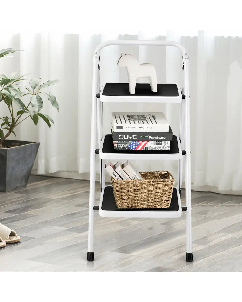 Folding 3-Step Ladder with Handgrip and Anti-Slip Platform - White - Ladders